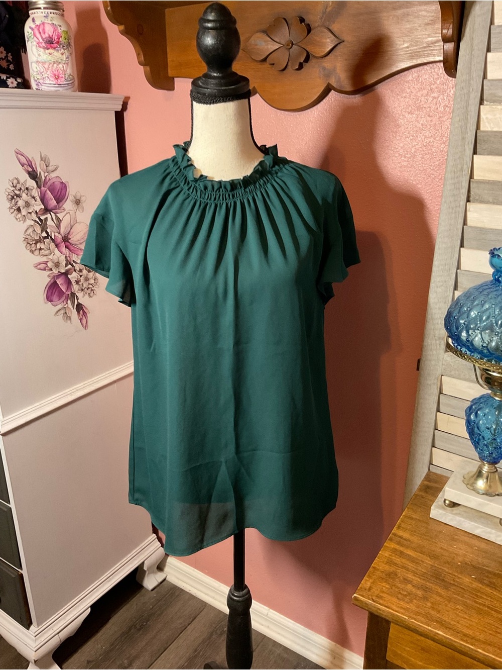 Express Gathered Neck Short Sleeve Blouse - Teal Green